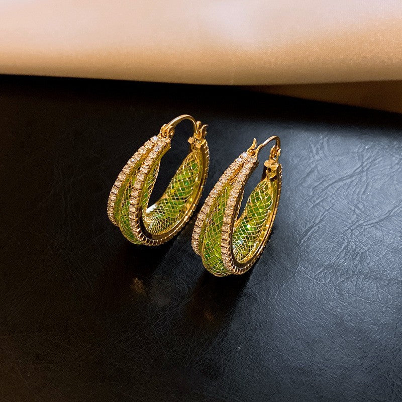 歐美跨境綠色鋯石花朵幾何耳釘氣質百搭耳環輕奢高級感耳飾設計感