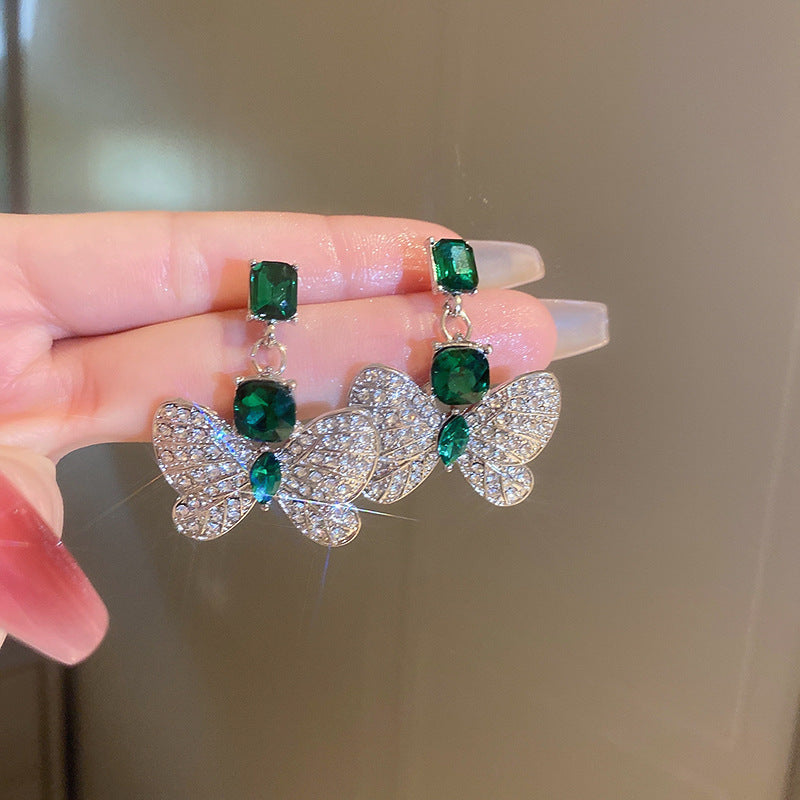 銀針熱銷鑲鑽鋯石水滴蝴蝶流蘇耳環輕奢高級感耳釘耳飾設計感小衆