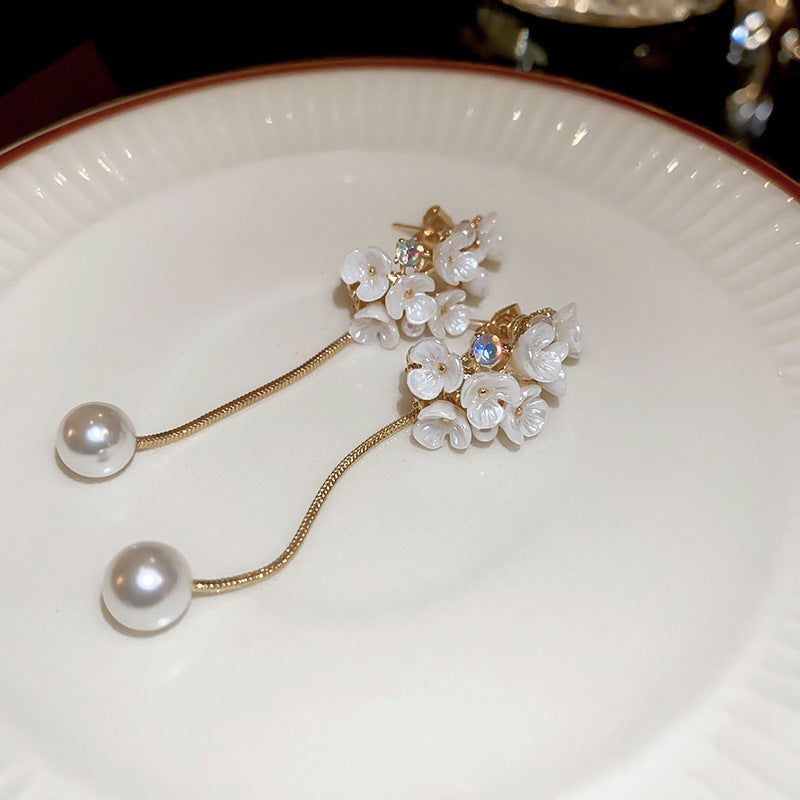 銀針時尚白色系花朵貝殼珍珠耳環氣質新款耳釘歐美時尚高級感耳飾