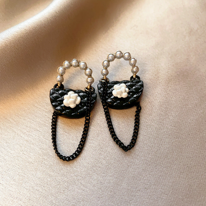 銀針法式黑色鑲鑽字母珍珠包包流蘇耳環小衆氣質耳釘高級感耳飾女