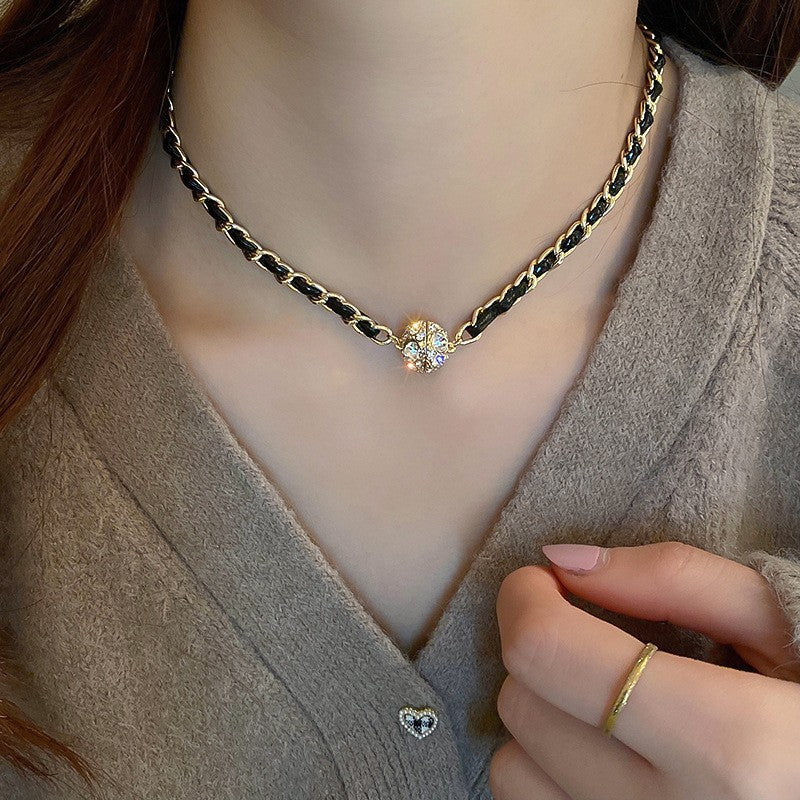 韓國東大門珍珠閃鑽幾何項鍊新款頸鍊簡約百搭冷淡風鎖骨鏈頸飾女