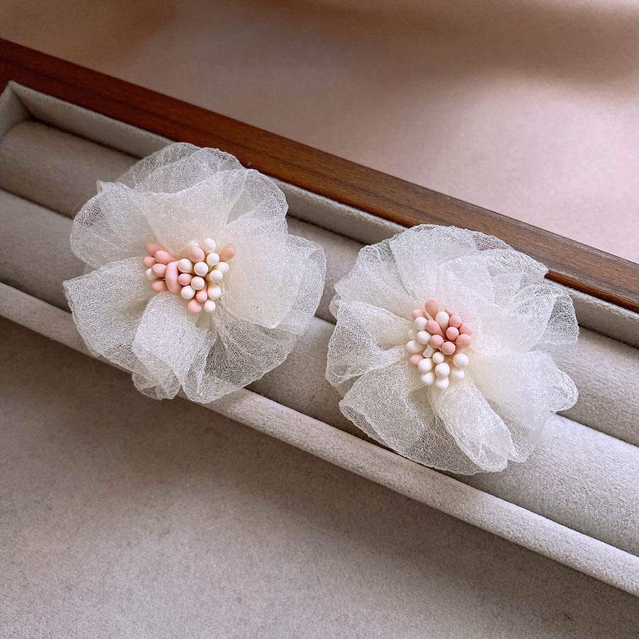 銀針波西米亞粉色網紗花朵耳環時尚甜美百搭學生耳飾小清新度假風耳飾