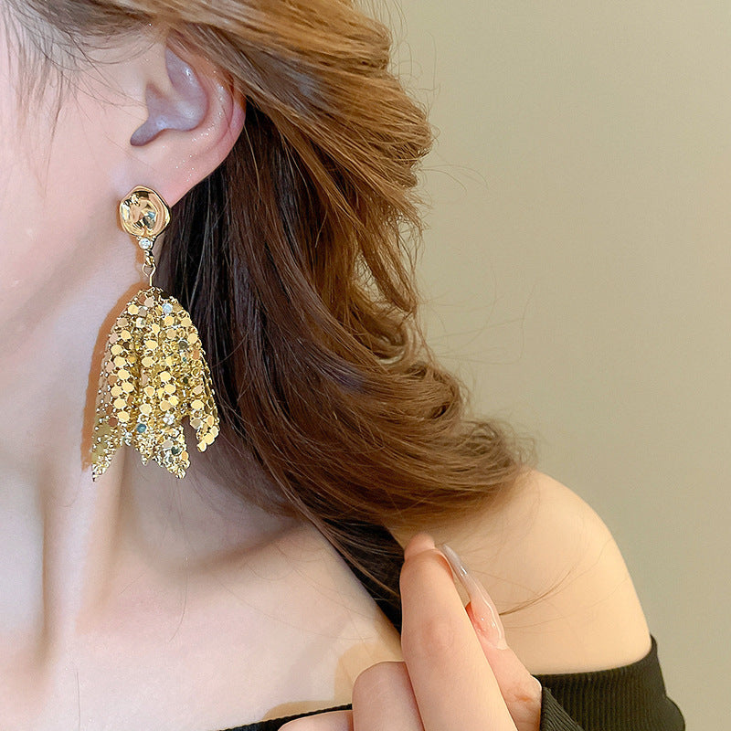 銀針超仙珍珠花朵流蘇耳環氣質時尚耳釘跨境歐美誇張高級感耳飾女