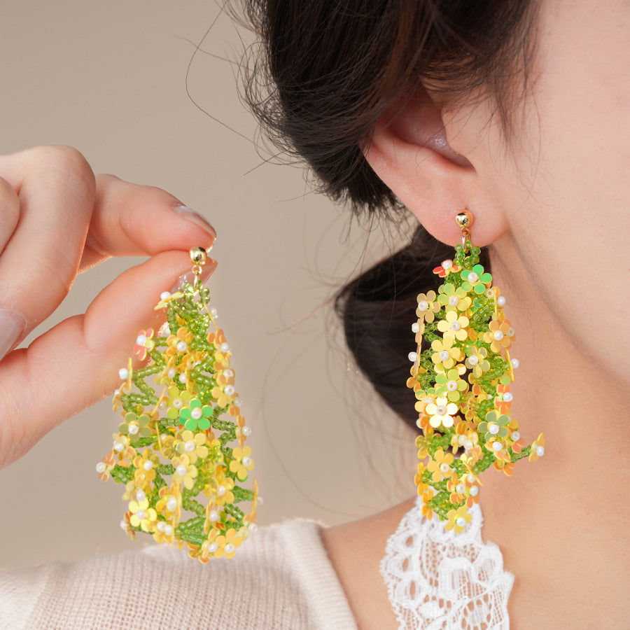 銀針森系米珠編織亮片花朵流蘇耳環超仙度假風耳墜小衆高級感耳飾