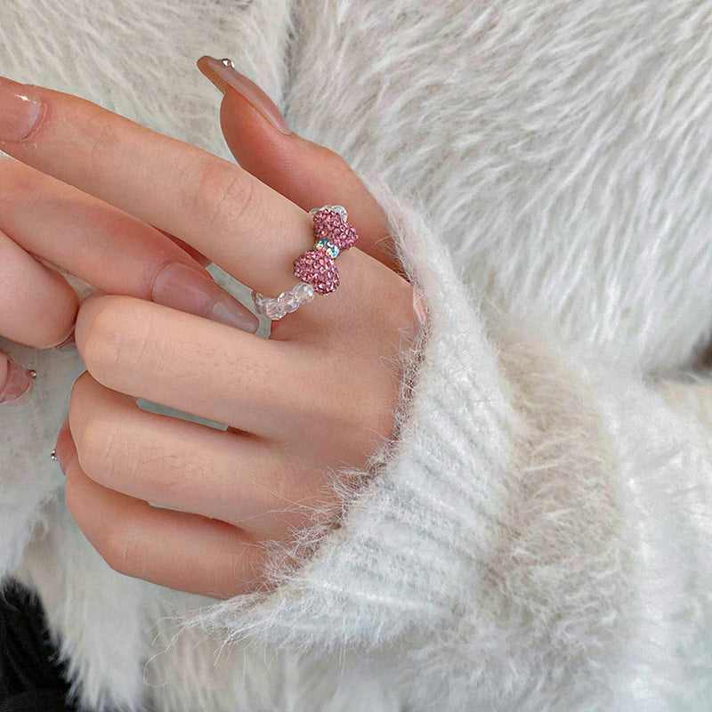 鑲鑽蝴蝶結水晶戒指甜美可愛少女心食指戒小衆時尚高級感手飾