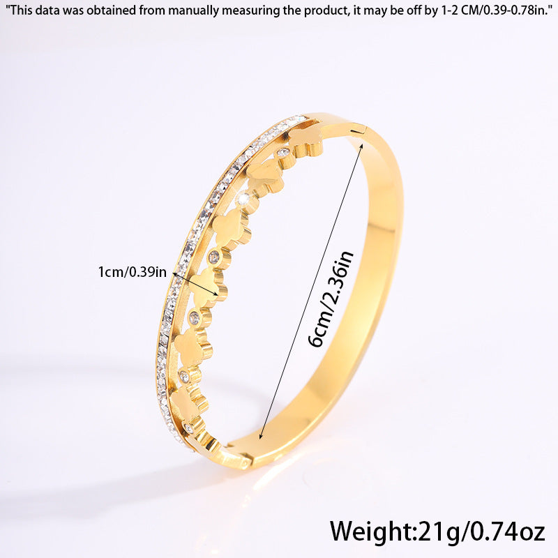 跨境爆款電鍍18K鈦鋼手鐲時尚鑲鑽四葉草輕奢高級不掉色手環