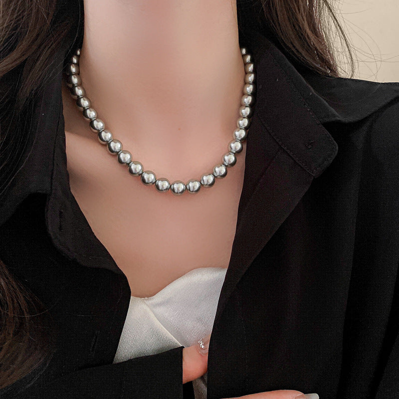法式復古灰色珍珠項鍊小衆簡約設計感鎖骨鏈氣質輕奢高級感項飾女