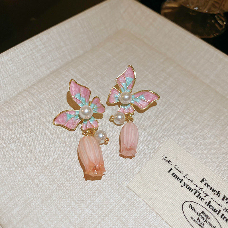 莫奈花園油畫風愛心花朵珍珠耳環時尚氣質耳釘法式甜美小清新耳飾