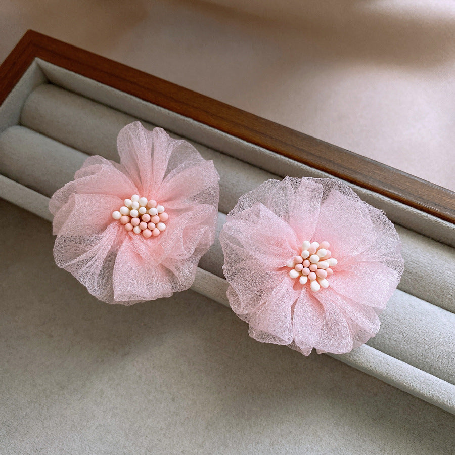 銀針波西米亞粉色網紗花朵耳環時尚甜美百搭學生耳飾小清新度假風耳飾