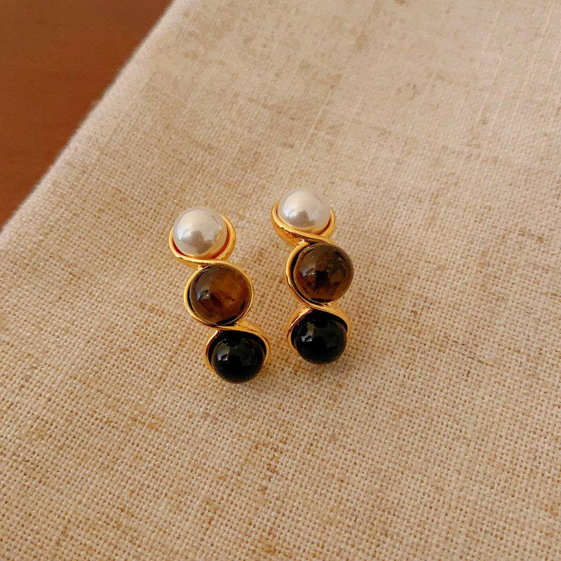 銀針小衆復古C形人造虎眼石耳環氣質設計感耳釘輕奢高級感耳飾女