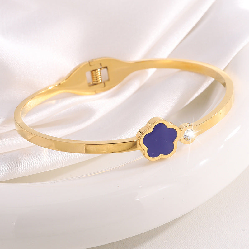 韓版五葉花玫瑰金鈦鋼手鐲時尚爆款手飾鑲鑽女新款個性不鏽鋼手環