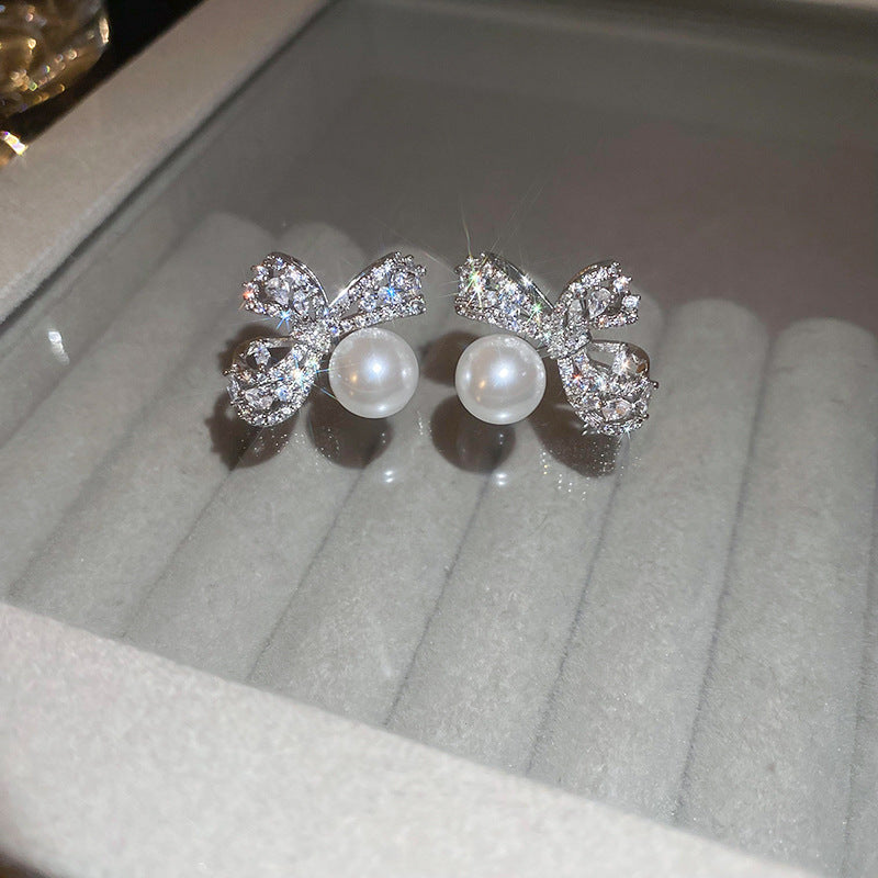 銀針輕奢鋯石花朵蝴蝶珍珠款耳釘氣質耳環高級感秋冬法式復古耳飾