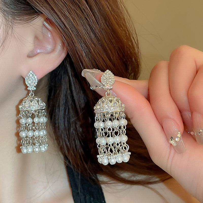 銀針跨境冷淡風銀色鑲鑽鋯石花朵珍珠耳環長款流蘇耳釘高級感耳飾