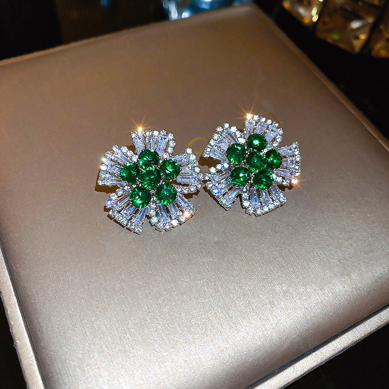 歐美跨境綠色鋯石花朵幾何耳釘氣質百搭耳環輕奢高級感耳飾設計感