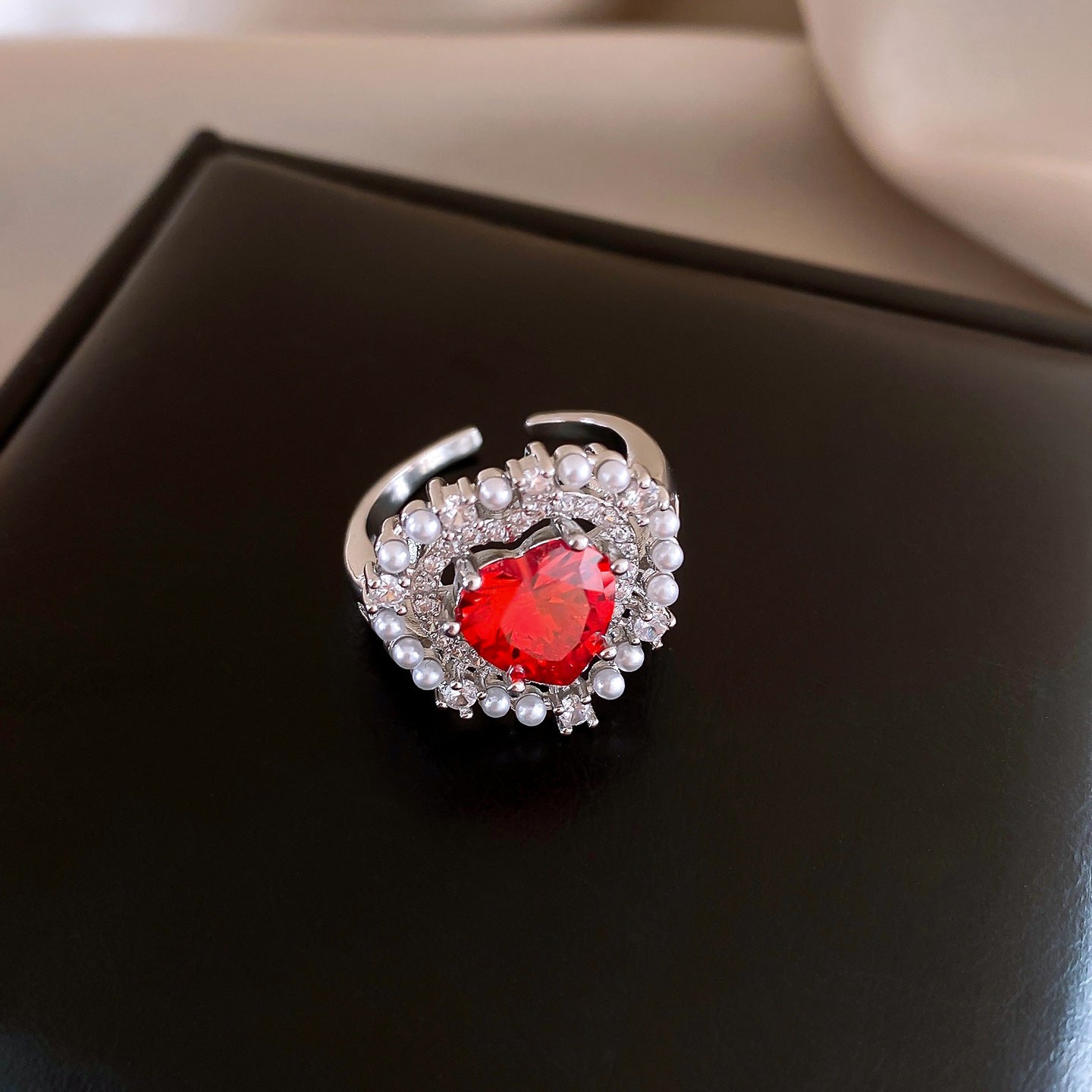 韓國氣質鋯石愛心珍珠戒指輕奢高級感食指戒女精緻手飾設計感小衆