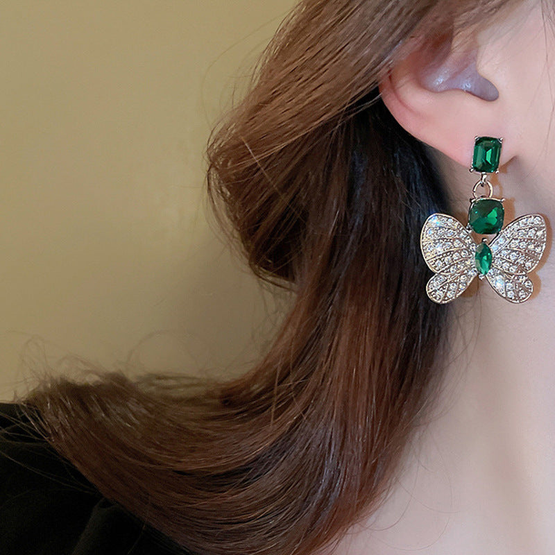 銀針中古vintage綠色鑲鑽蝴蝶珍珠耳環氣質耳墜復古高級感耳飾女