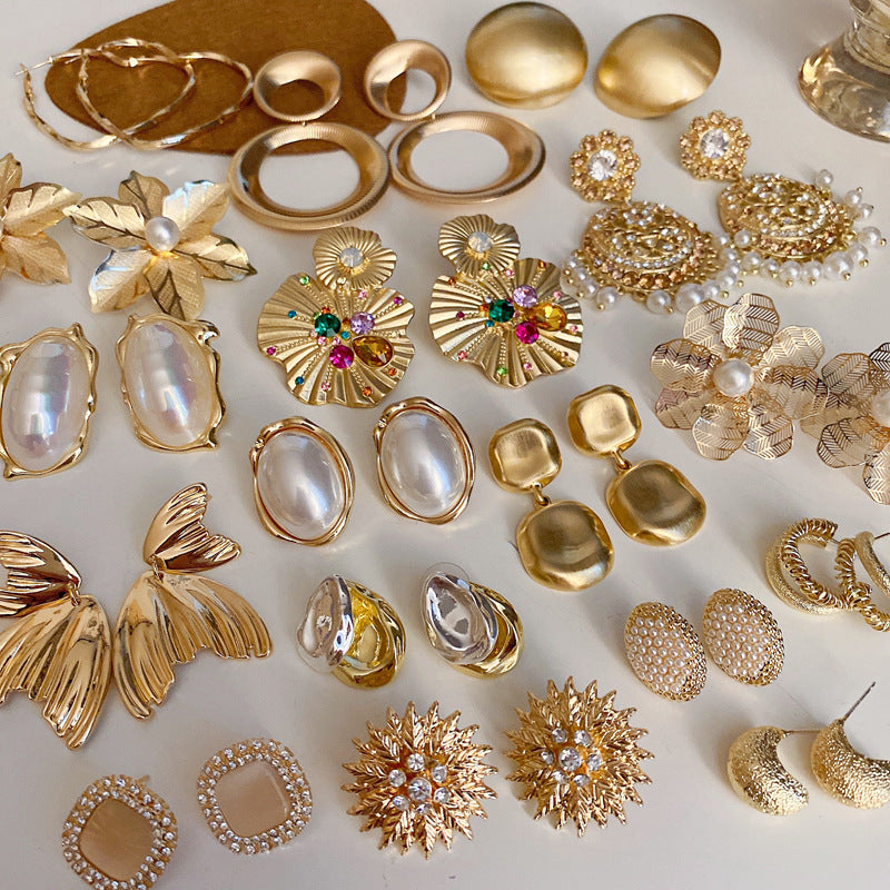 銀針歐美金屬風鏤空花朵魚尾珍珠耳環誇張氣質耳釘重工高級感耳飾