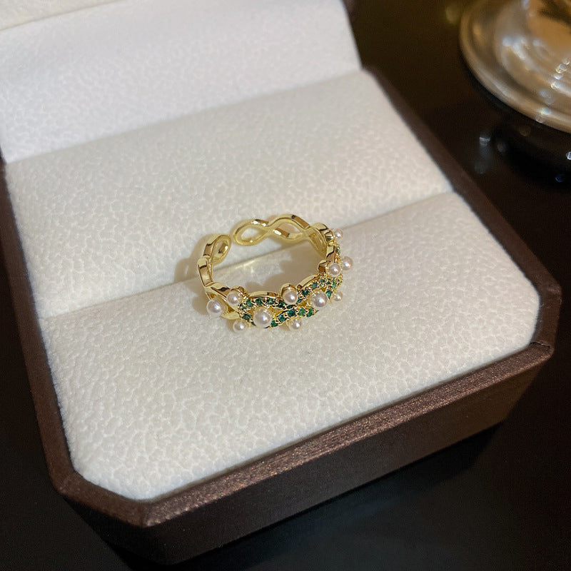 鋯石蝴蝶結愛心幾何開口戒指網紅輕奢時尚食指戒新款手飾淡水珍珠