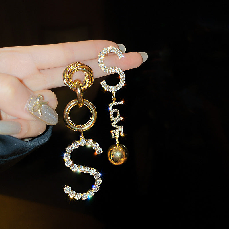 銀針法式黑色鑲鑽字母珍珠包包流蘇耳環小衆氣質耳釘高級感耳飾女