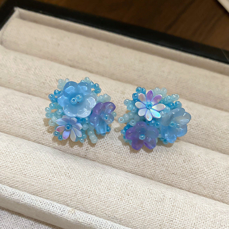 銀針小清新藍色米珠水晶花朵耳環甜美少女耳釘輕奢高級感耳飾