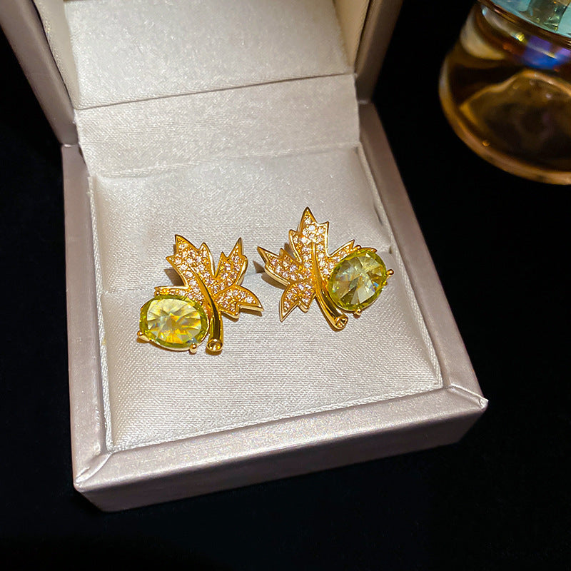 歐美跨境綠色鋯石花朵幾何耳釘氣質百搭耳環輕奢高級感耳飾設計感