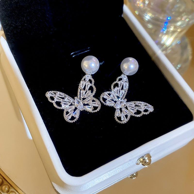 銀針輕奢鋯石花朵蝴蝶珍珠款耳釘氣質耳環高級感秋冬法式復古耳飾