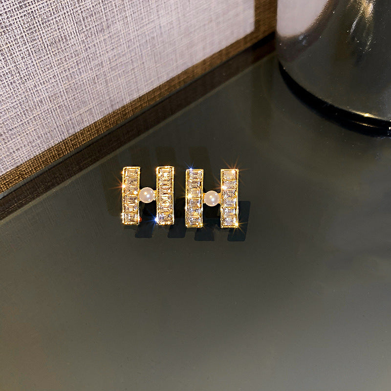 銀針法式黑色鑲鑽字母珍珠包包流蘇耳環小衆氣質耳釘高級感耳飾女