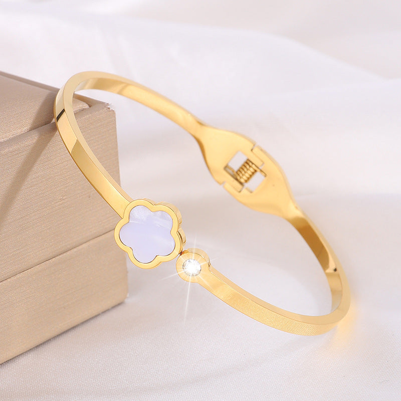 韓版五葉花玫瑰金鈦鋼手鐲時尚爆款手飾鑲鑽女新款個性不鏽鋼手環