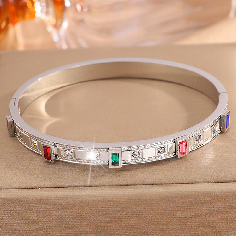 鈦鋼手鐲情侶款華格夫方形彩鑽鑲嵌歐美熱賣精緻百搭氣質手鐲飾品