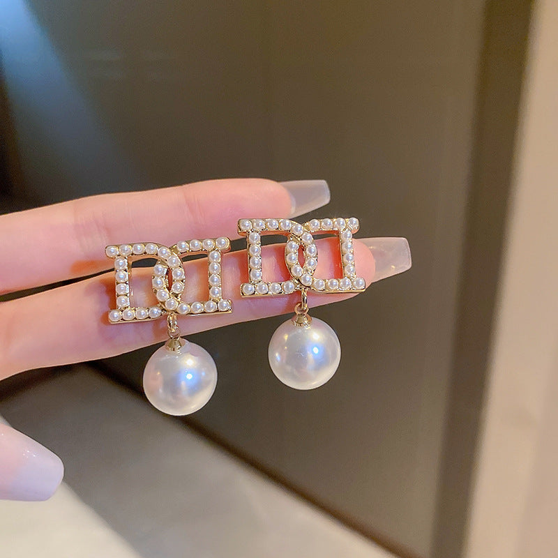 銀針法式黑色鑲鑽字母珍珠包包流蘇耳環小衆氣質耳釘高級感耳飾女