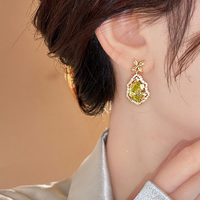 歐美跨境綠色鋯石花朵幾何耳釘氣質百搭耳環輕奢高級感耳飾設計感