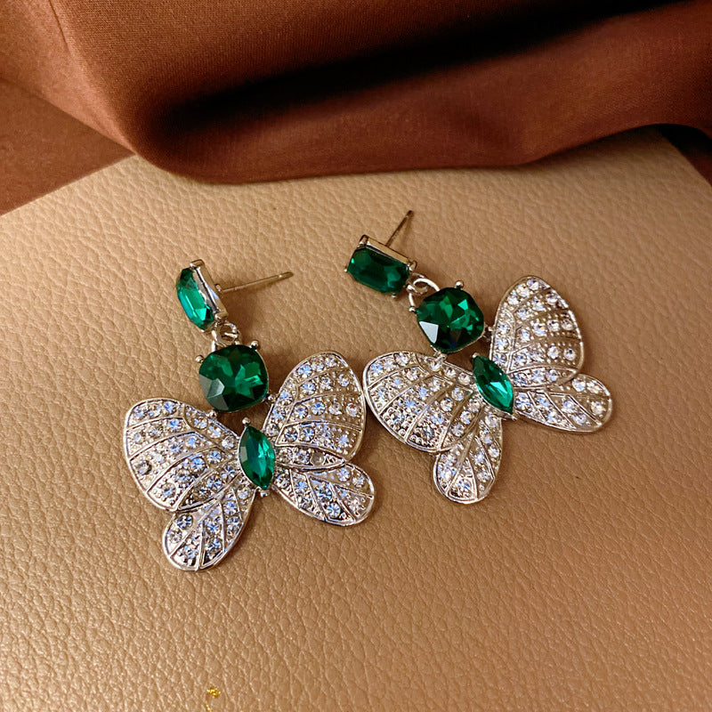 銀針中古vintage綠色鑲鑽蝴蝶珍珠耳環氣質耳墜復古高級感耳飾女