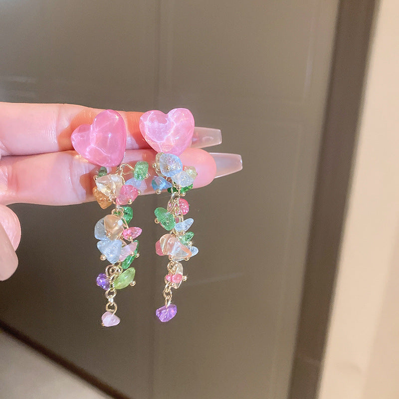 度假風粉色米珠花朵珍珠流蘇耳環少女氛圍感耳釘波西米亞甜美耳飾