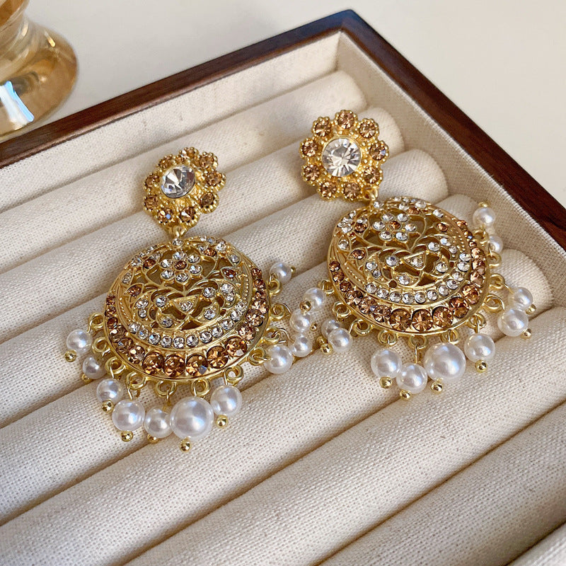 銀針歐美金屬風鏤空花朵魚尾珍珠耳環誇張氣質耳釘重工高級感耳飾