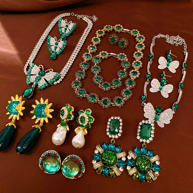 銀針中古vintage綠色鑲鑽蝴蝶珍珠耳環氣質耳墜復古高級感耳飾女