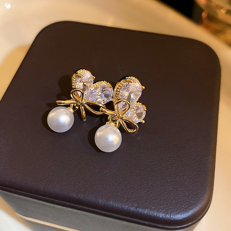銀針輕奢鋯石花朵蝴蝶珍珠款耳釘氣質耳環高級感秋冬法式復古耳飾