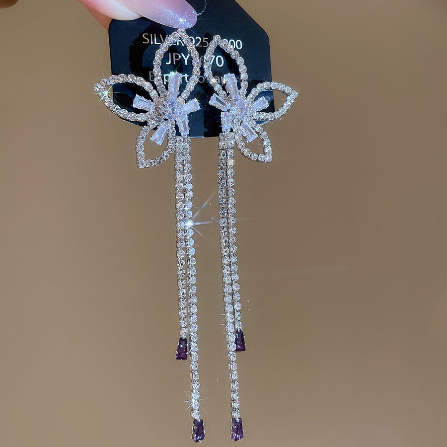 銀針熱銷鑲鑽鋯石水滴蝴蝶流蘇耳環輕奢高級感耳釘耳飾設計感小衆