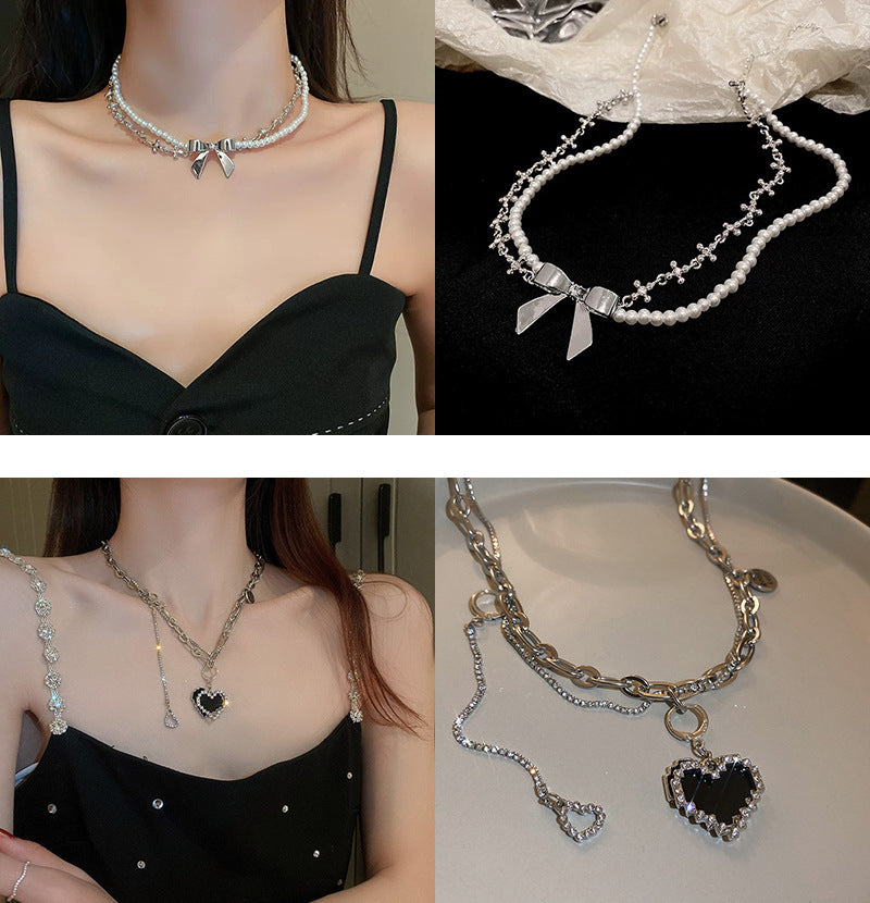 韓國時尚冷淡風鑲鑽愛心珍珠項鍊網紅小衆設計感氣質鎖骨鏈項飾女