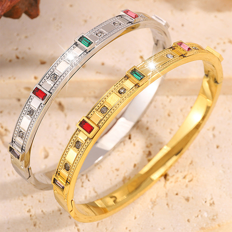 鈦鋼手鐲情侶款華格夫方形彩鑽鑲嵌歐美熱賣精緻百搭氣質手鐲飾品