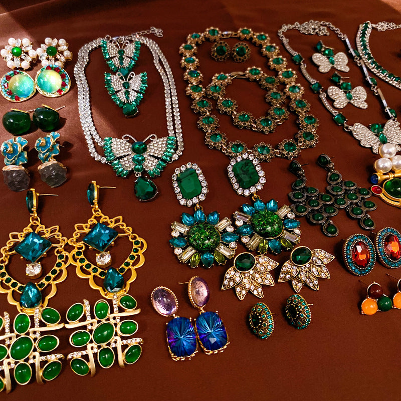 銀針中古vintage綠色鑲鑽蝴蝶珍珠耳環氣質耳墜復古高級感耳飾女