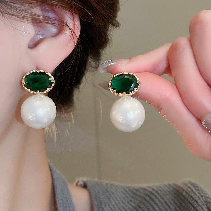 歐美跨境綠色鋯石花朵幾何耳釘氣質百搭耳環輕奢高級感耳飾設計感