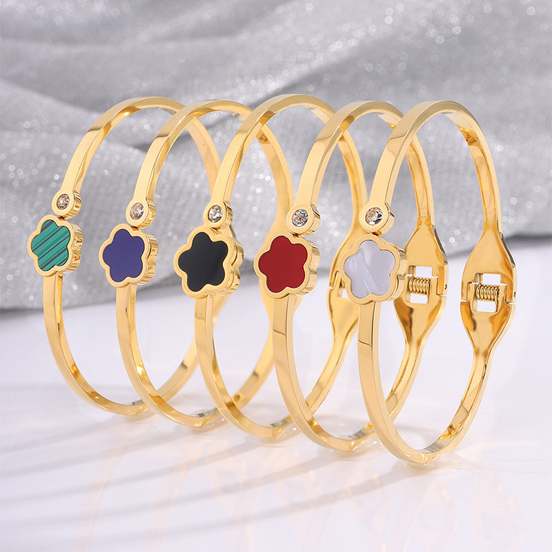 韓版五葉花玫瑰金鈦鋼手鐲時尚爆款手飾鑲鑽女新款個性不鏽鋼手環