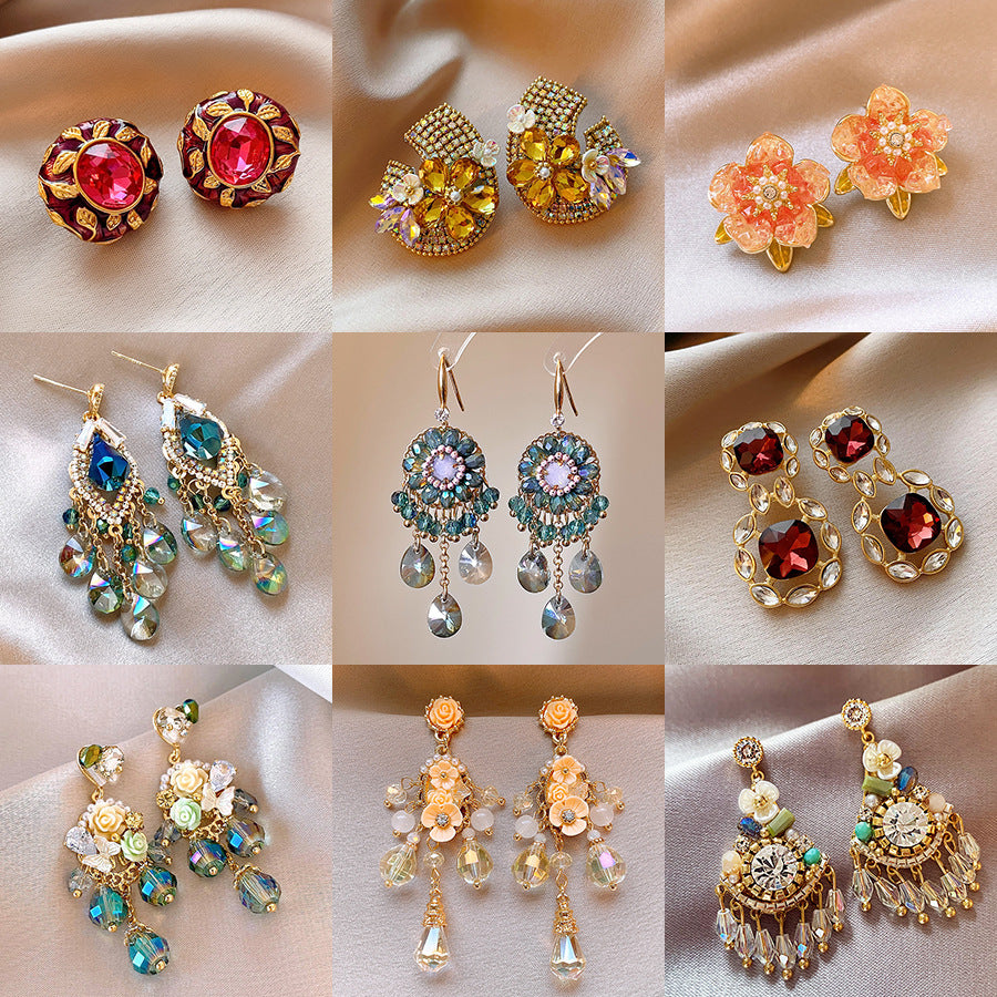 銀針歐美輕奢人造鋯石水晶款愛心耳釘時尚宮廷風耳環高級感耳飾女