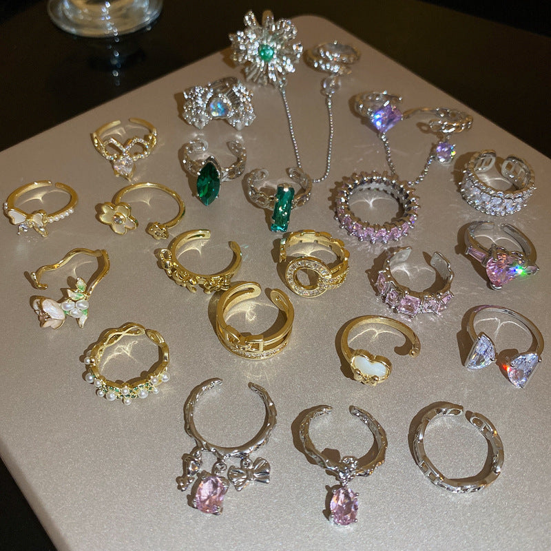 鋯石蝴蝶結愛心幾何開口戒指網紅輕奢時尚食指戒新款手飾淡水珍珠