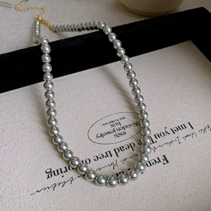 法式復古灰色珍珠項鍊小衆簡約設計感鎖骨鏈氣質輕奢高級感項飾女