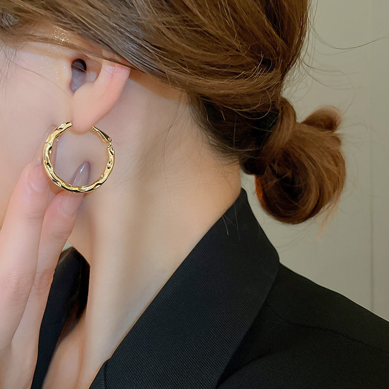 銀針歐美跨境金屬風素圈幾何耳圈氣質個性耳釘耳環誇張高級感耳飾
