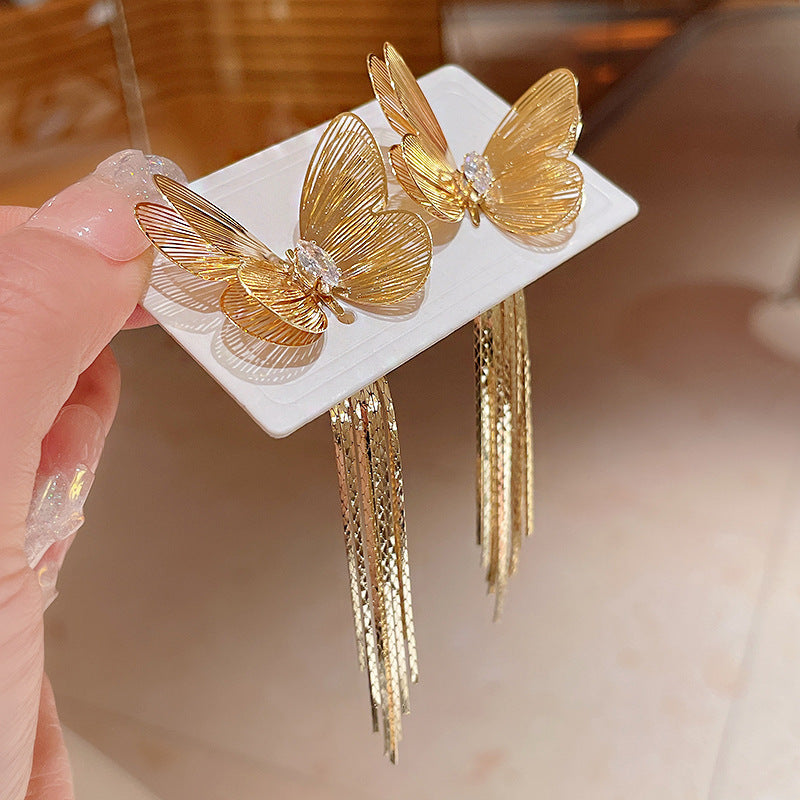 銀針歐美金屬風珍珠蝴蝶花朵流蘇耳釘小衆個性耳環時尚誇張耳飾女