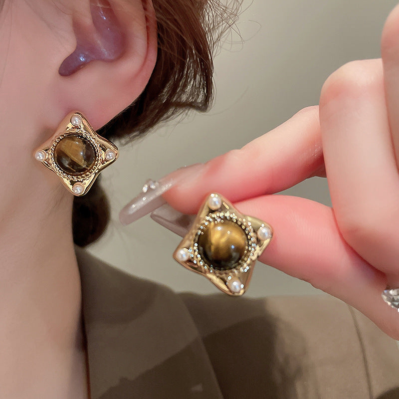 銀針小衆復古C形人造虎眼石耳環氣質設計感耳釘輕奢高級感耳飾女