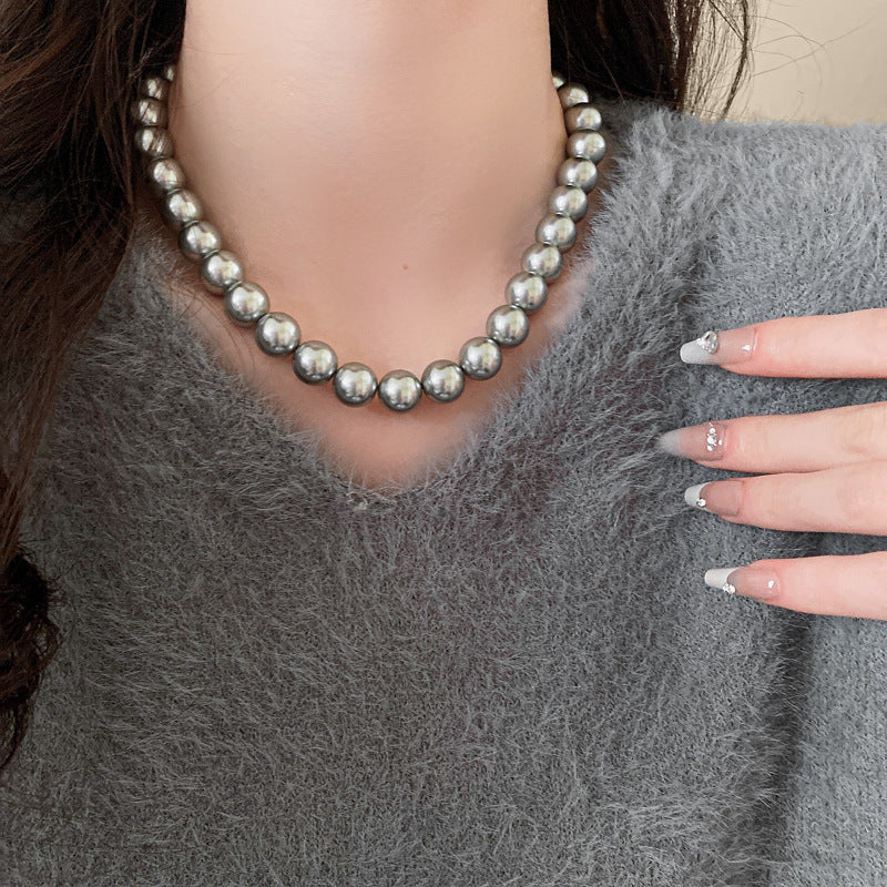法式復古灰色珍珠項鍊小衆簡約設計感鎖骨鏈氣質輕奢高級感項飾女