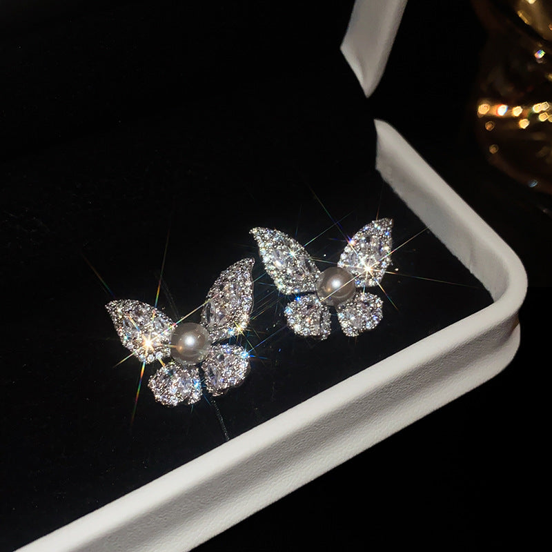 銀針輕奢鋯石花朵蝴蝶珍珠款耳釘氣質耳環高級感秋冬法式復古耳飾